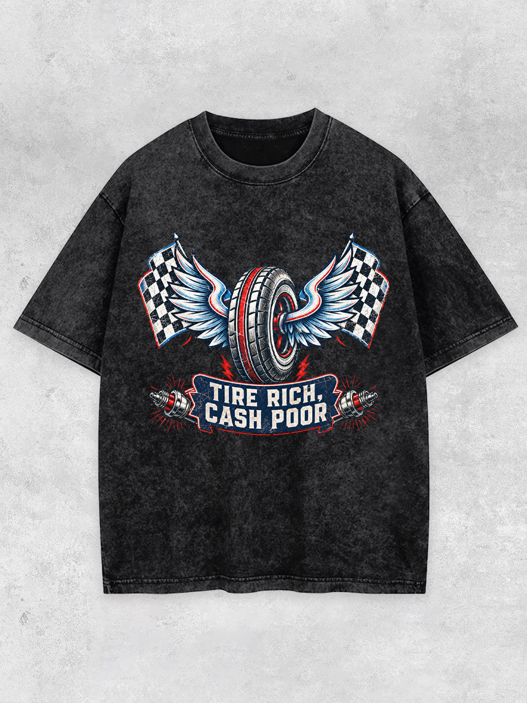 Grinram Tire Rich Cash Poor Winged Tire Race Flag Washed T-Shirt