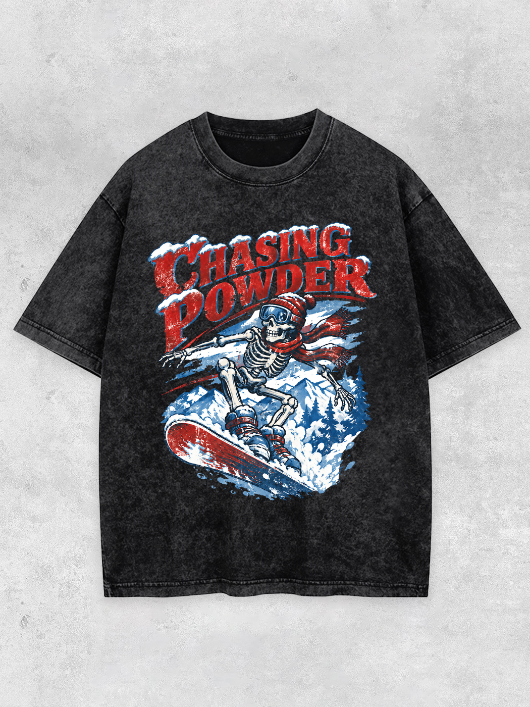 Grinram Chasing Powder Skull Snowborad Washed T-Shirt