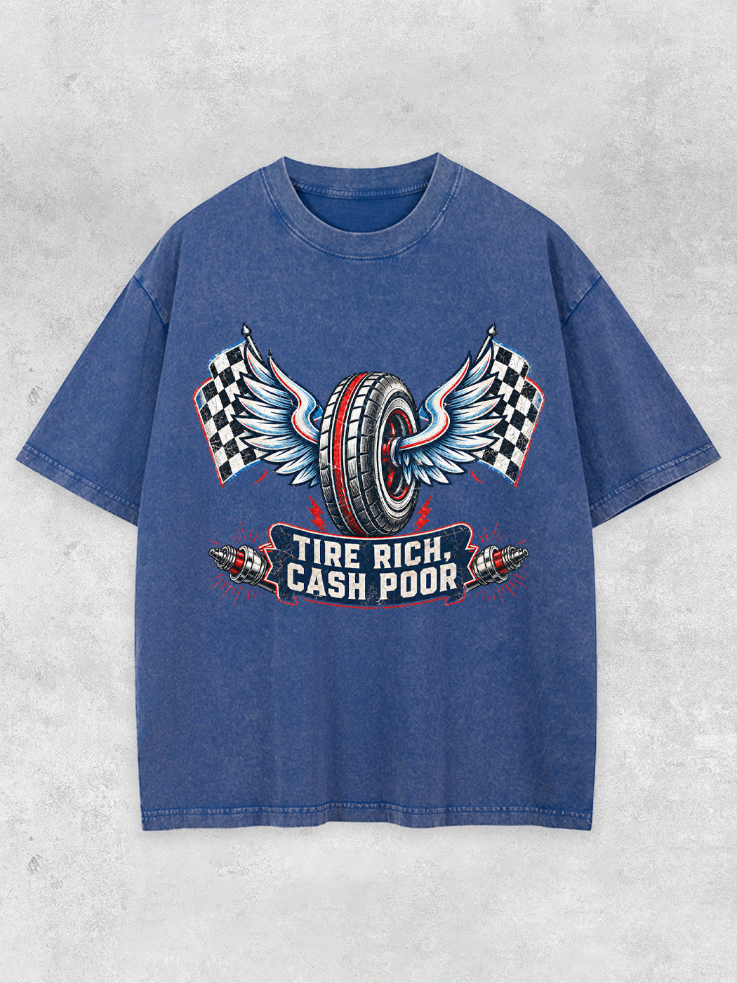 Grinram Tire Rich Cash Poor Winged Tire Race Flag Washed T-Shirt