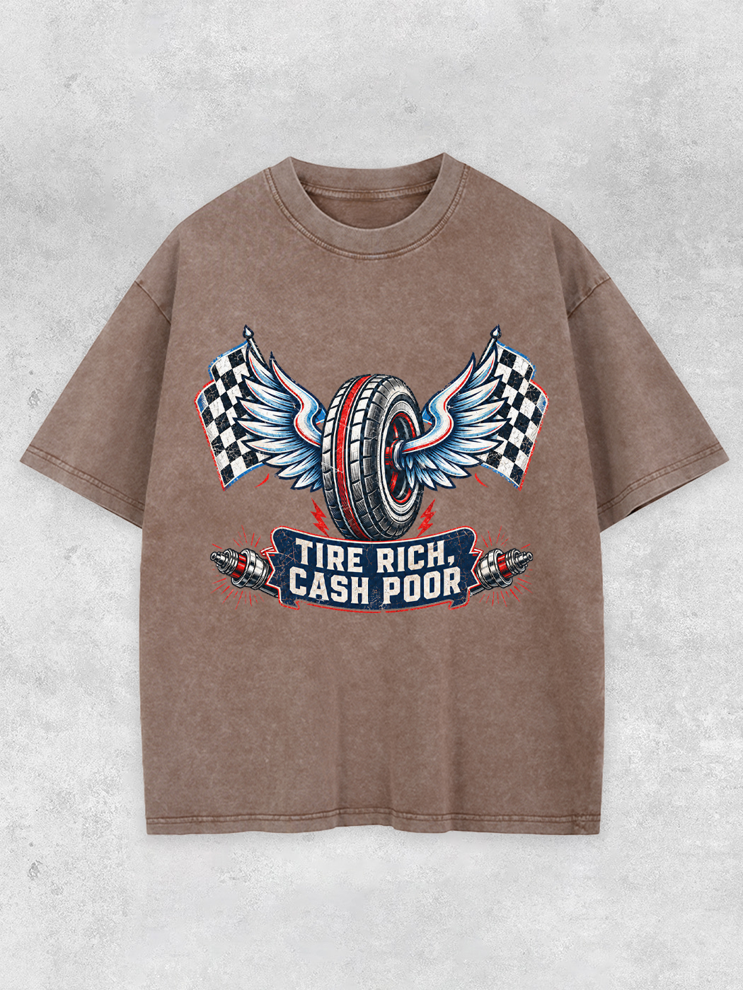 Grinram Tire Rich Cash Poor Winged Tire Race Flag Washed T-Shirt