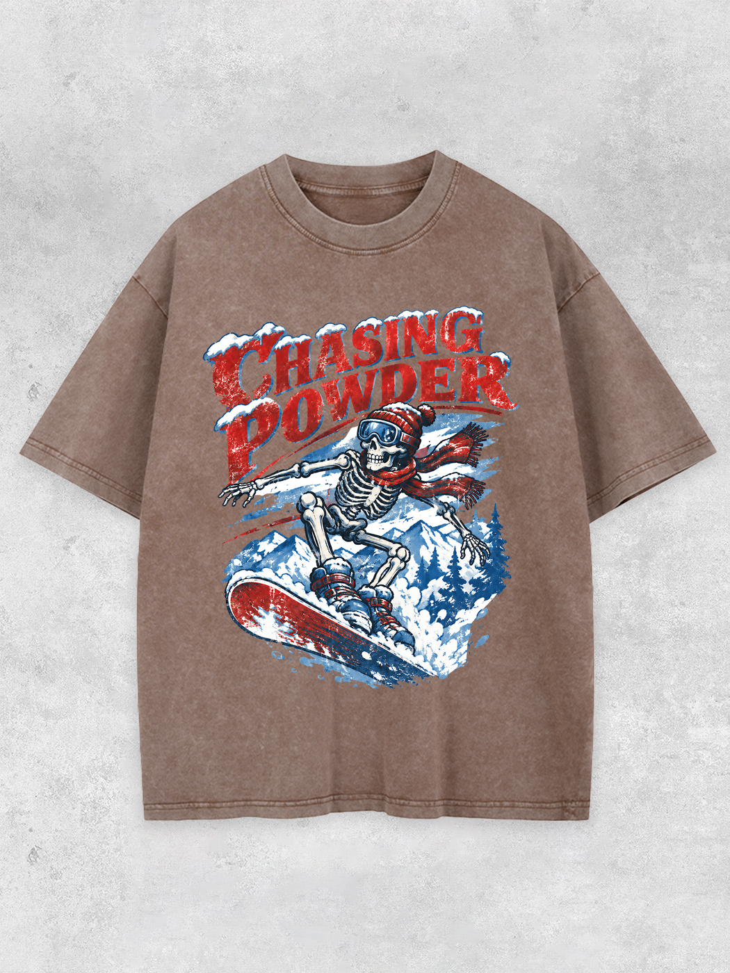 Grinram Chasing Powder Skull Snowborad Washed T-Shirt