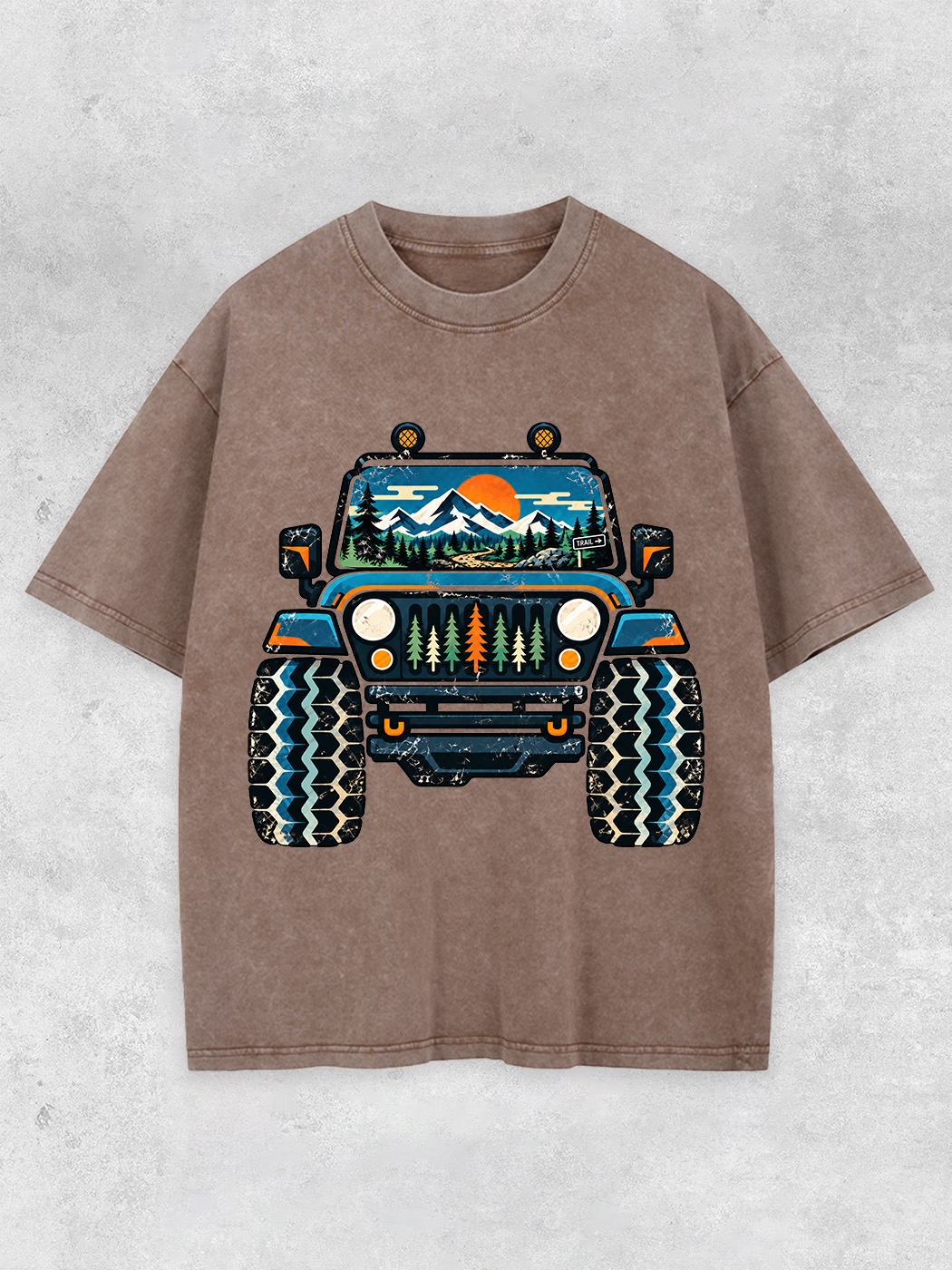 Grinram Jeep Mountain Forest Sunset Washed T-Shirt