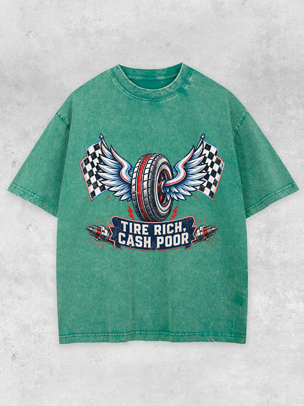 Grinram Tire Rich Cash Poor Winged Tire Race Flag Washed T-Shirt