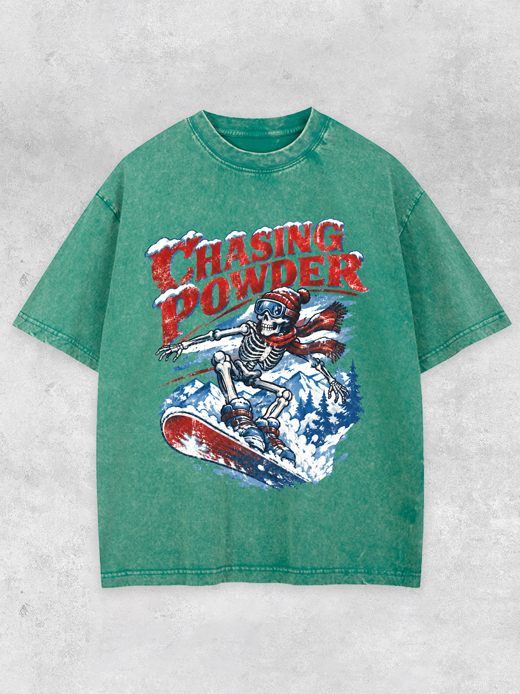 Grinram Chasing Powder Skull Snowborad Washed T-Shirt