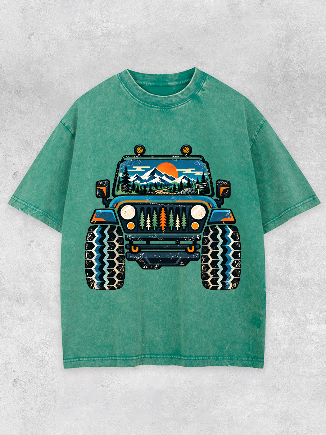 Grinram Jeep Mountain Forest Sunset Washed T-Shirt
