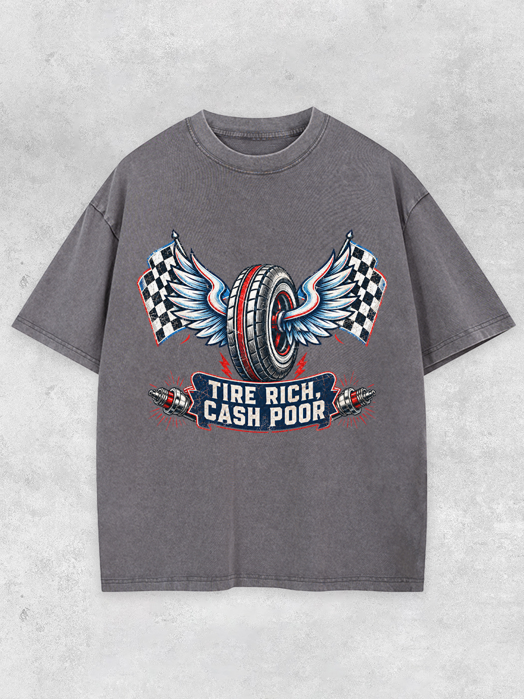 Grinram Tire Rich Cash Poor Winged Tire Race Flag Washed T-Shirt