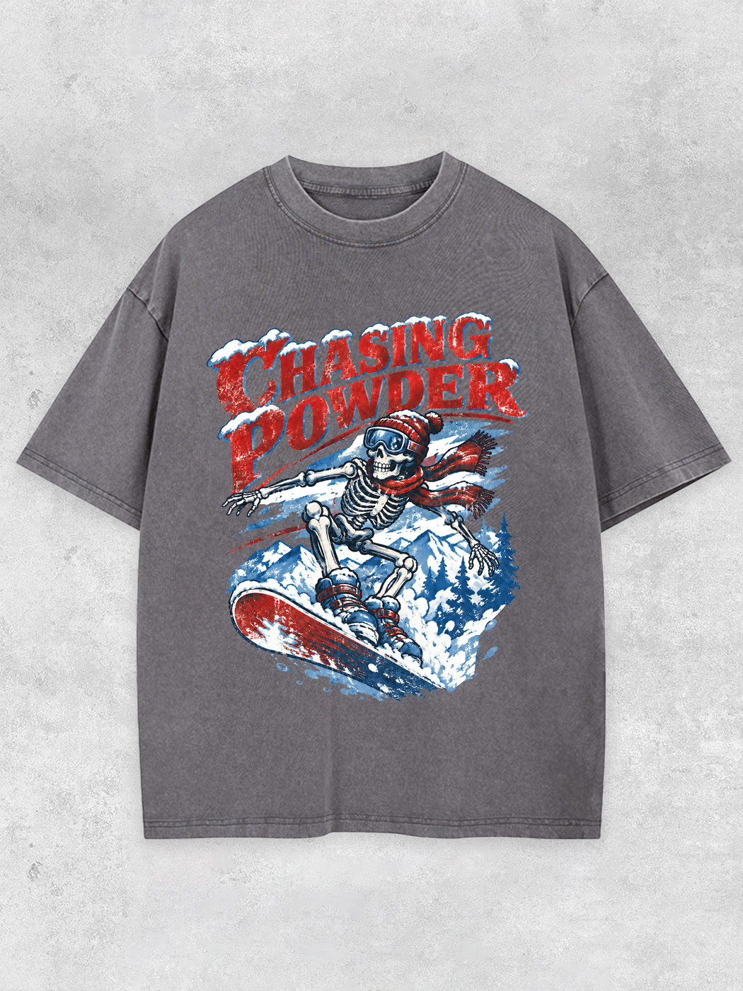 Grinram Chasing Powder Skull Snowborad Washed T-Shirt