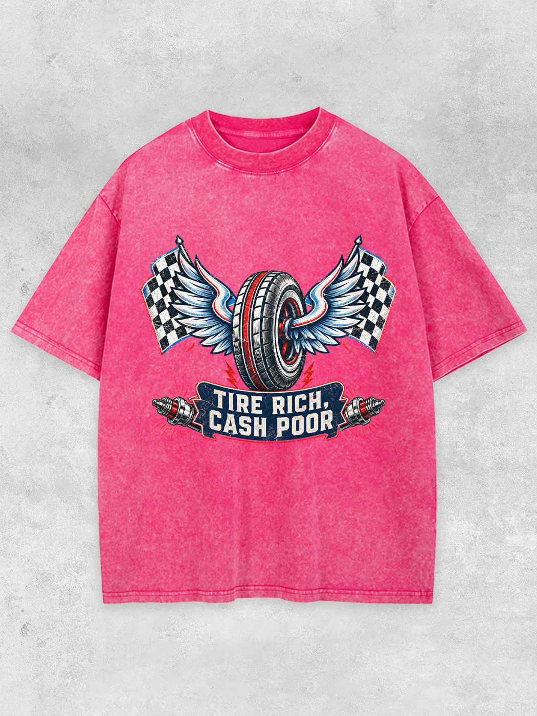 Grinram Tire Rich Cash Poor Winged Tire Race Flag Washed T-Shirt
