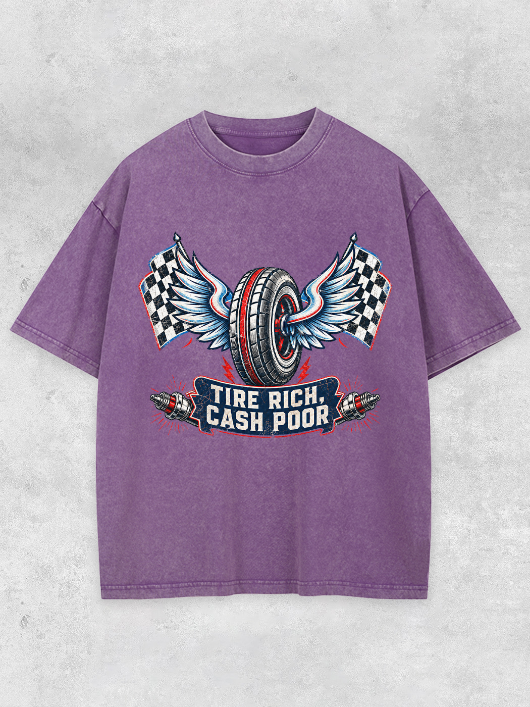 Grinram Tire Rich Cash Poor Winged Tire Race Flag Washed T-Shirt