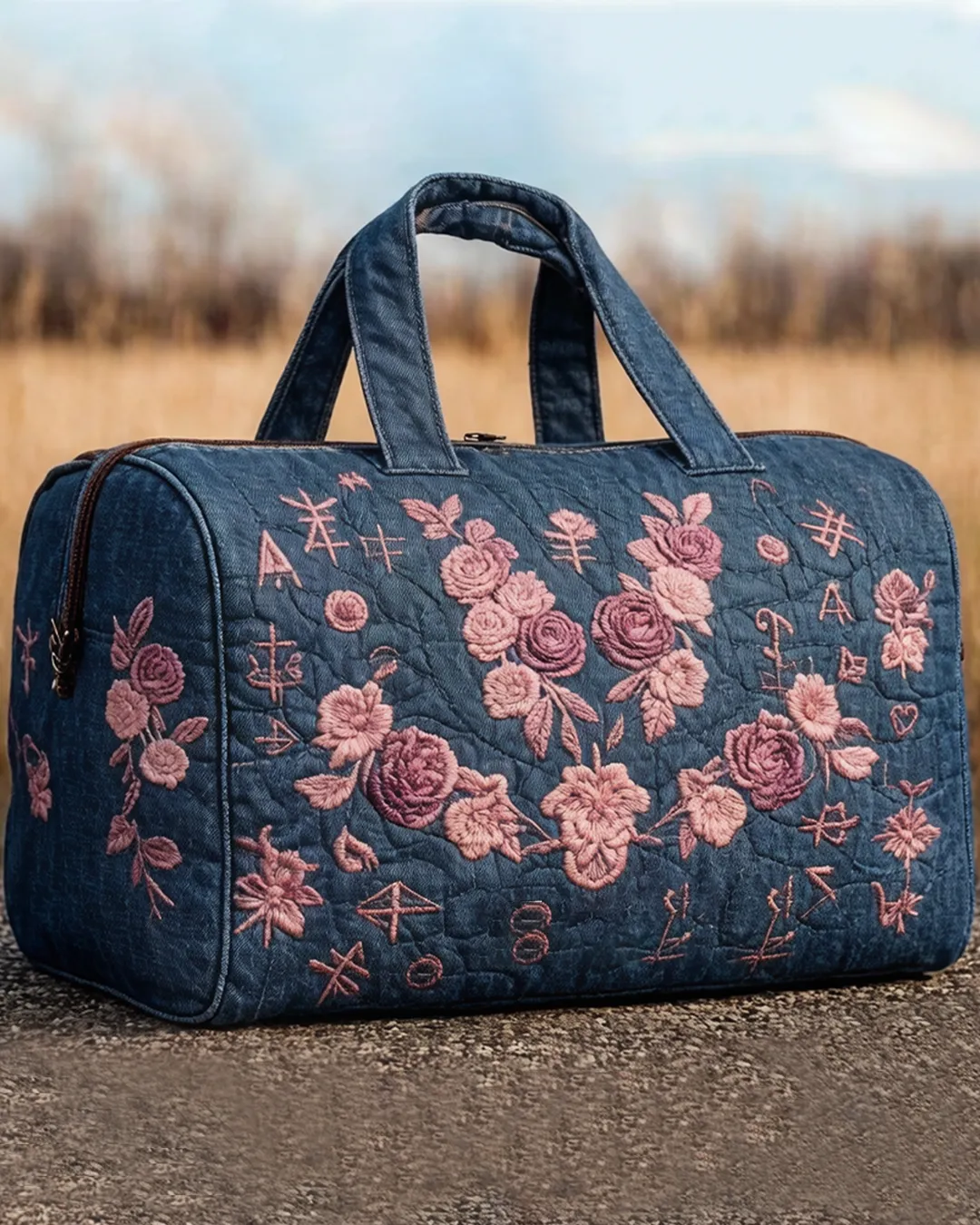 Floral-themed embroidered fashion item: quilted travel bag 1523