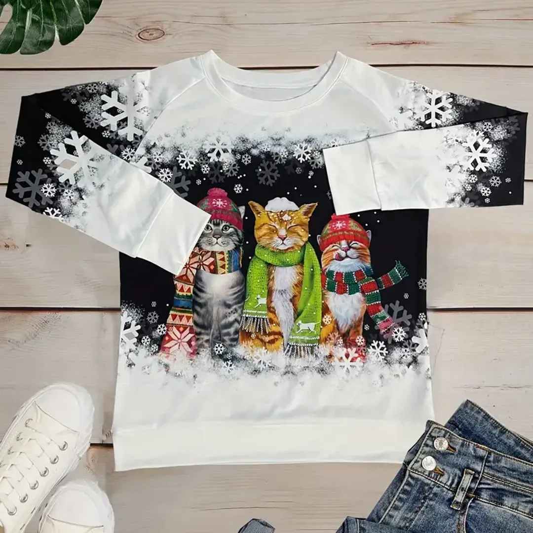 Women's Christmas Cat Print Colorful Christmas Sweatshirt