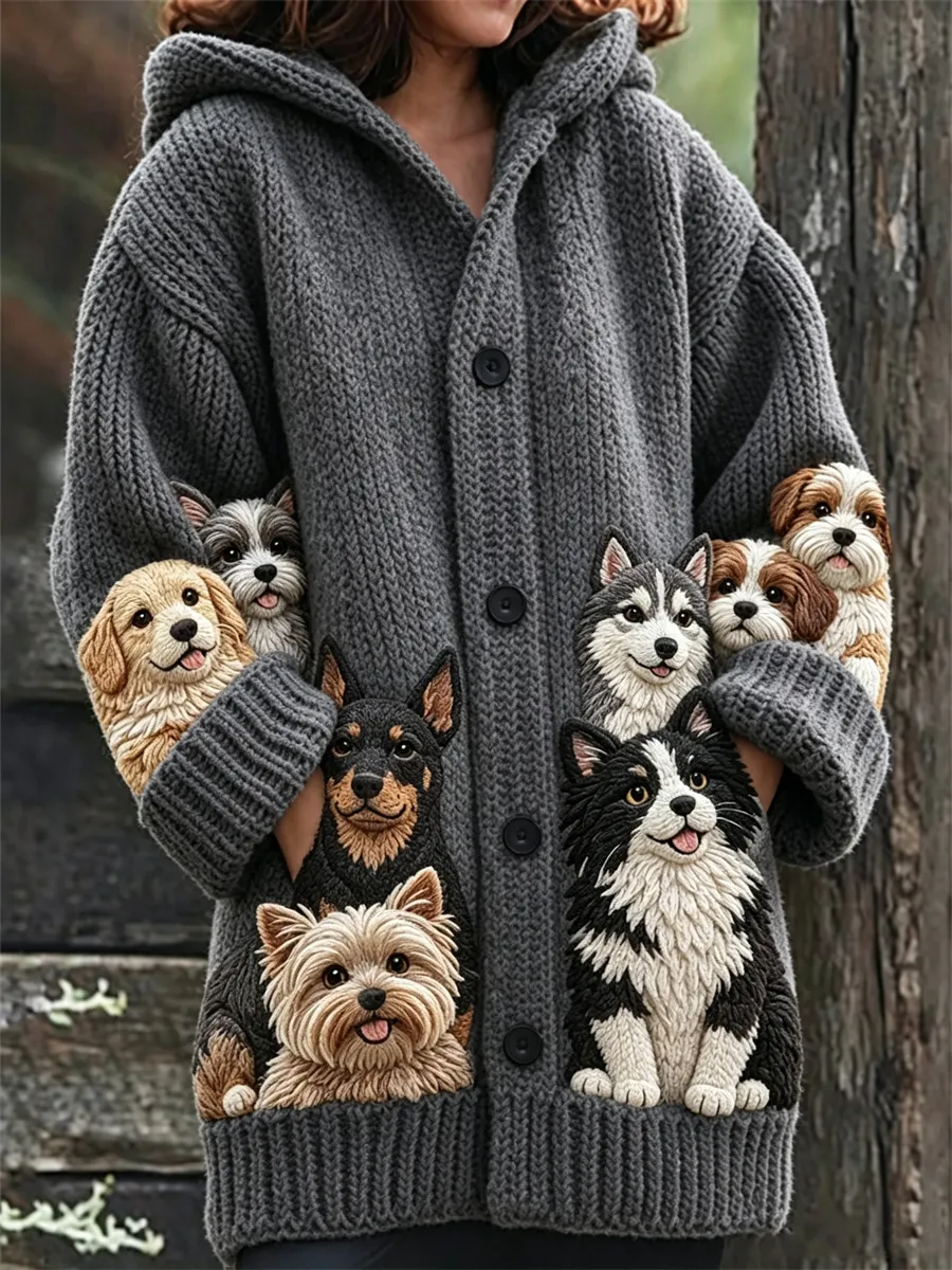 Women's Lovely Crowded Fuzzy Dogs Print Cozy Hooded Long Cardigan