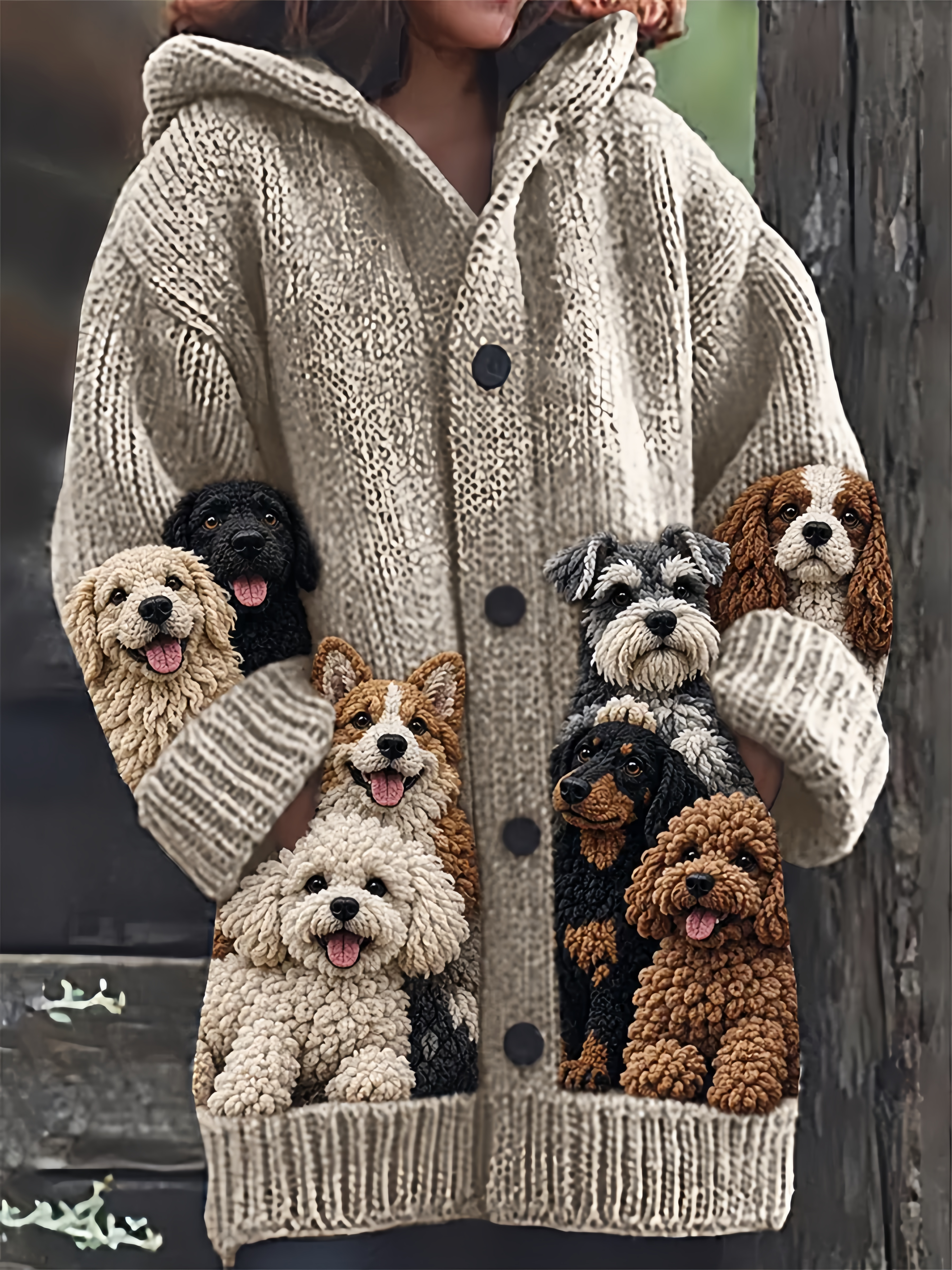 Women's Lovely Crowded Fuzzy Dogs Print Cozy Hooded Long Cardigan