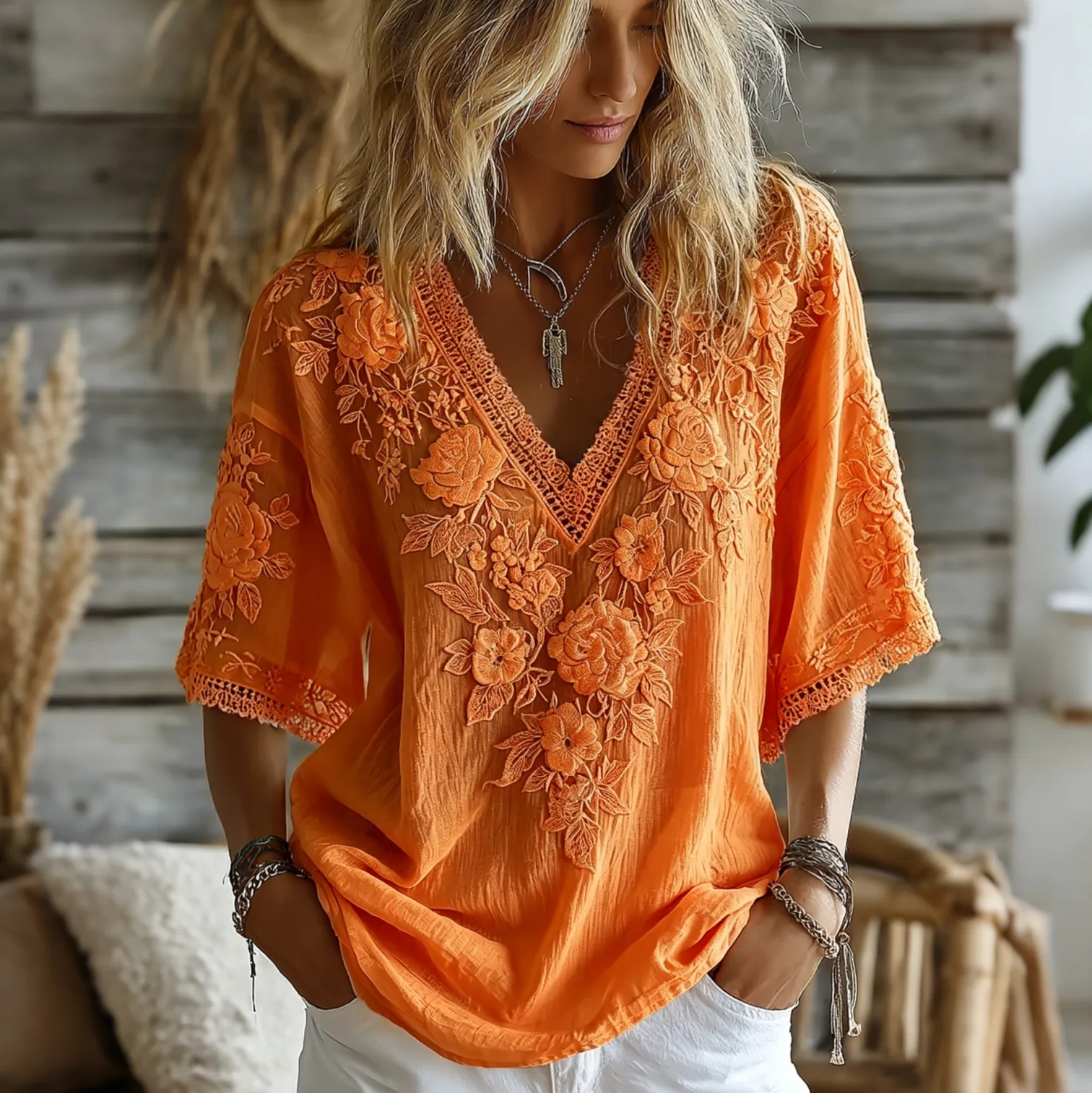 Women's Vintage Floral Art Flowy Linen Blend V Neck Casual Tops
