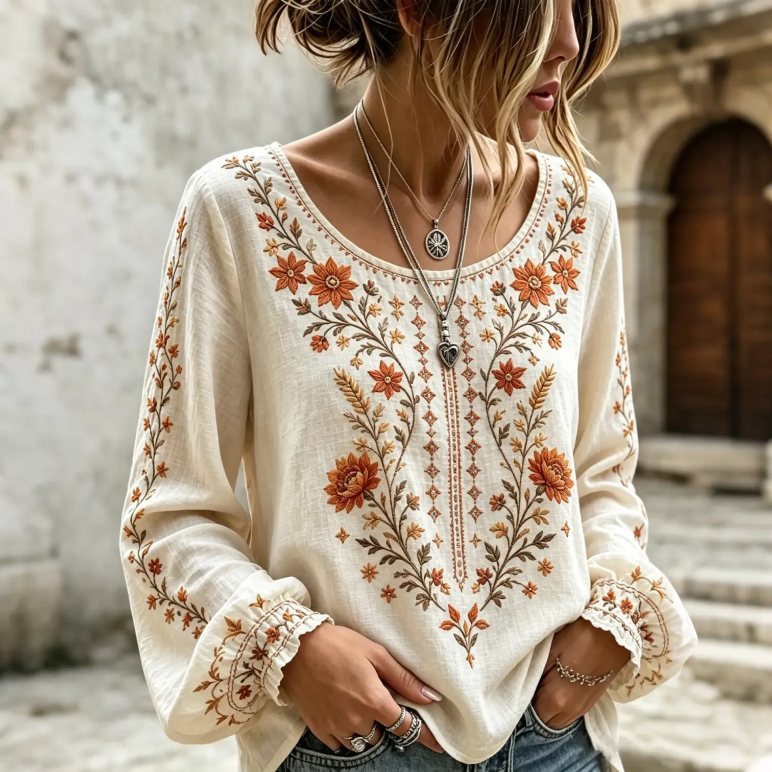 Women's Floral Art Linen Blend Round Neck Long Sleeve Tops