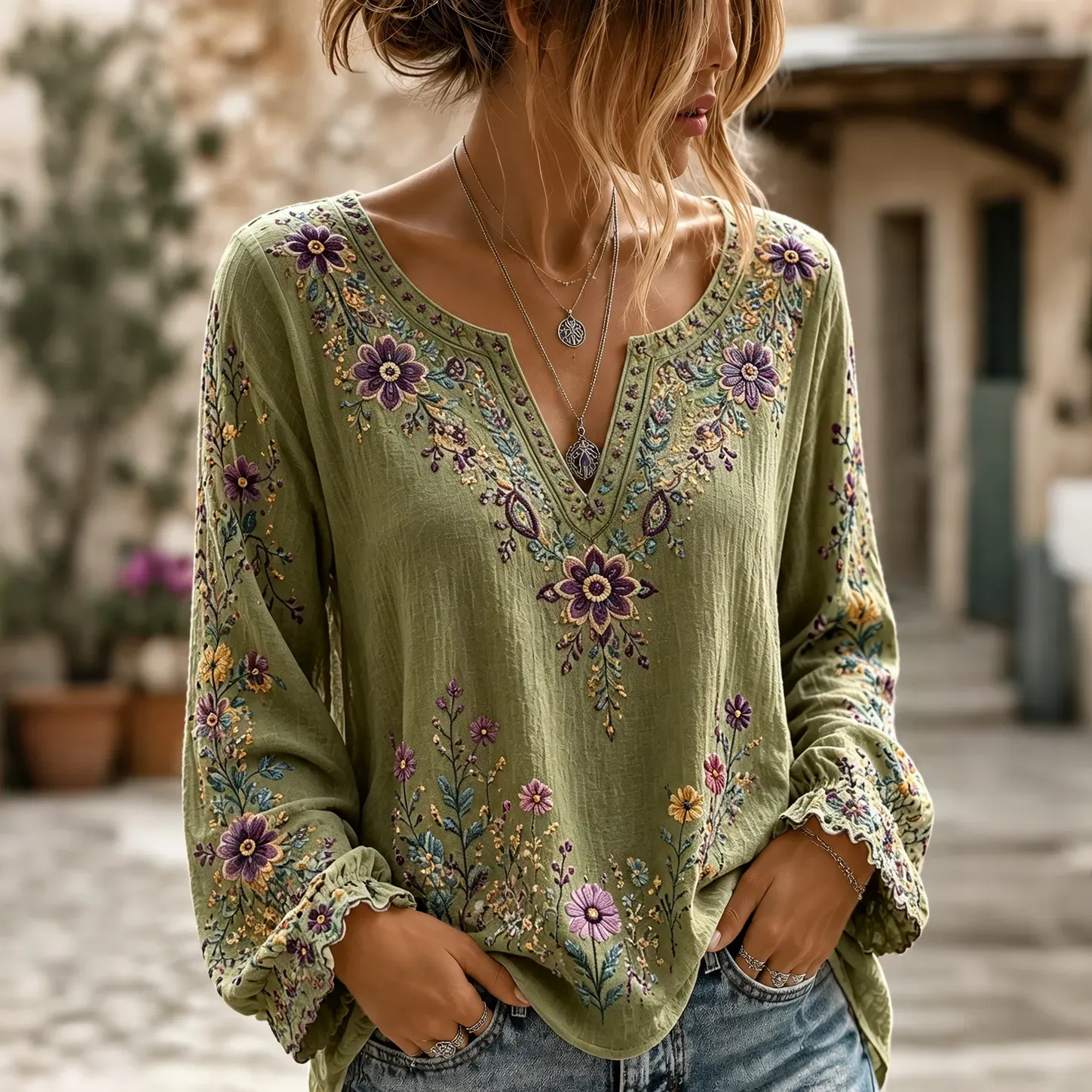 Women's Retro Boho Floral Art Cotton Linen V Neck T-shirt