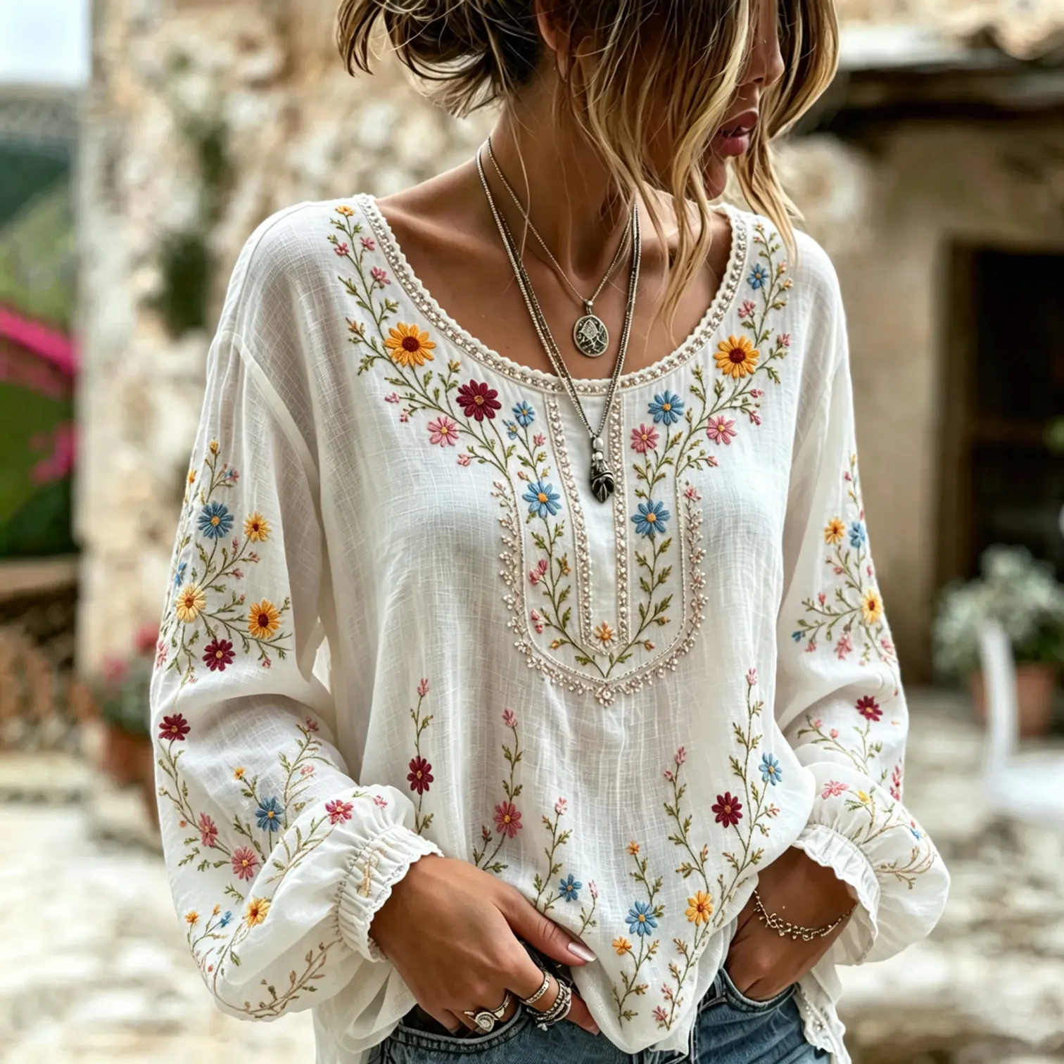 Women's Flowers Art Print Flowy Linen Blend Long Sleeve Casual Tops