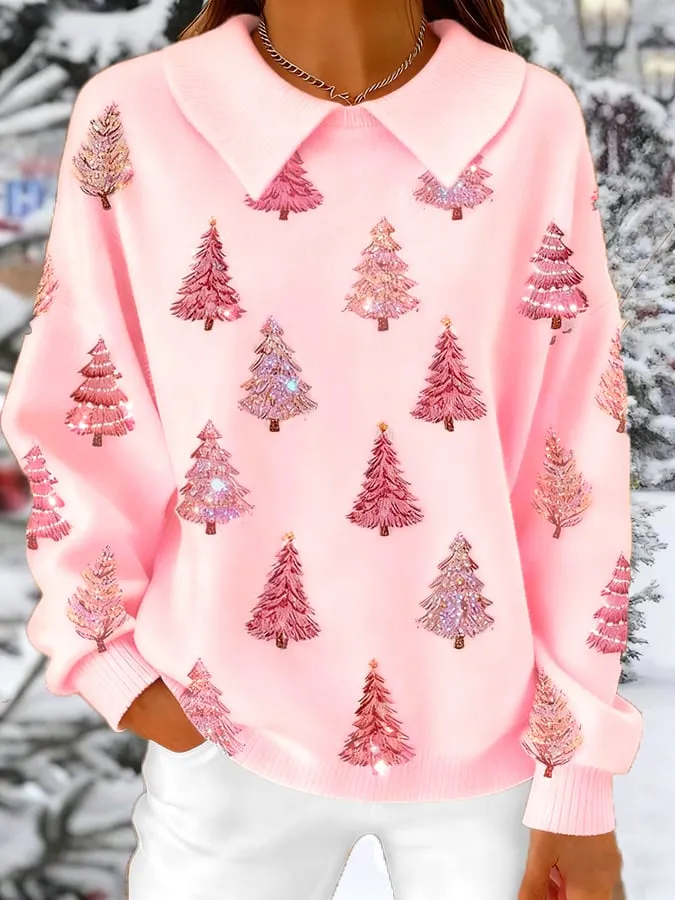 Women's Pink Christmas Tree Collar Knit Top