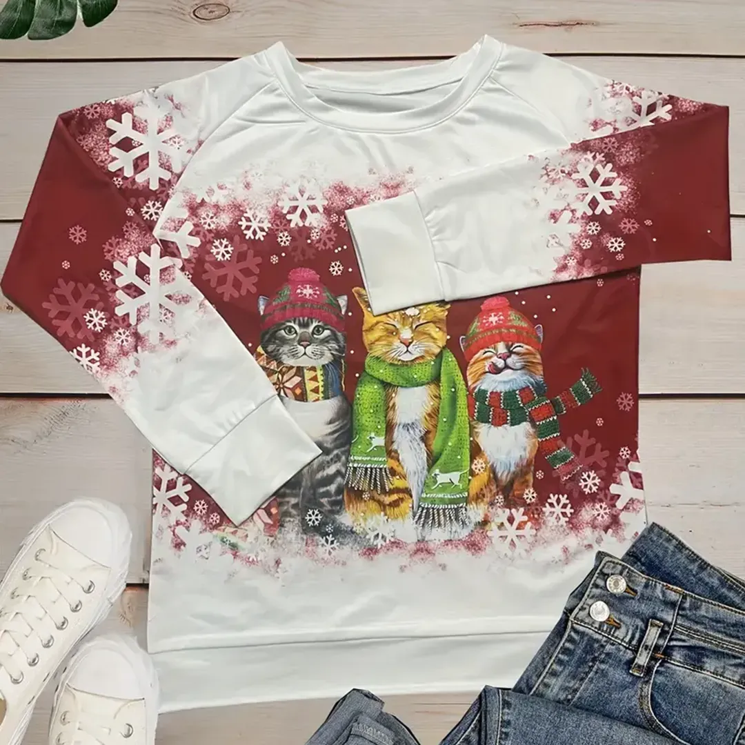 Women's Christmas Cat Print Colorful Christmas Sweatshirt