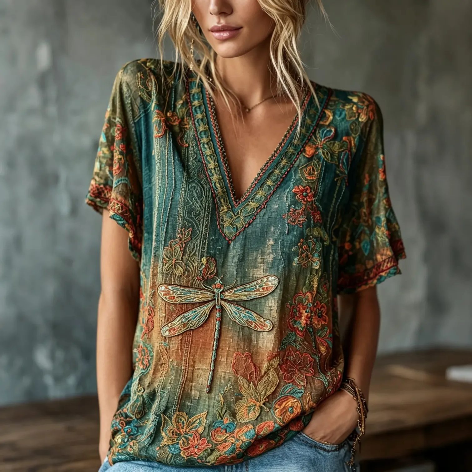 Women's Vintage Hippie Floral And Dragonfly Pattern Art Embroidered Linen Blend Short Sleeve Tops