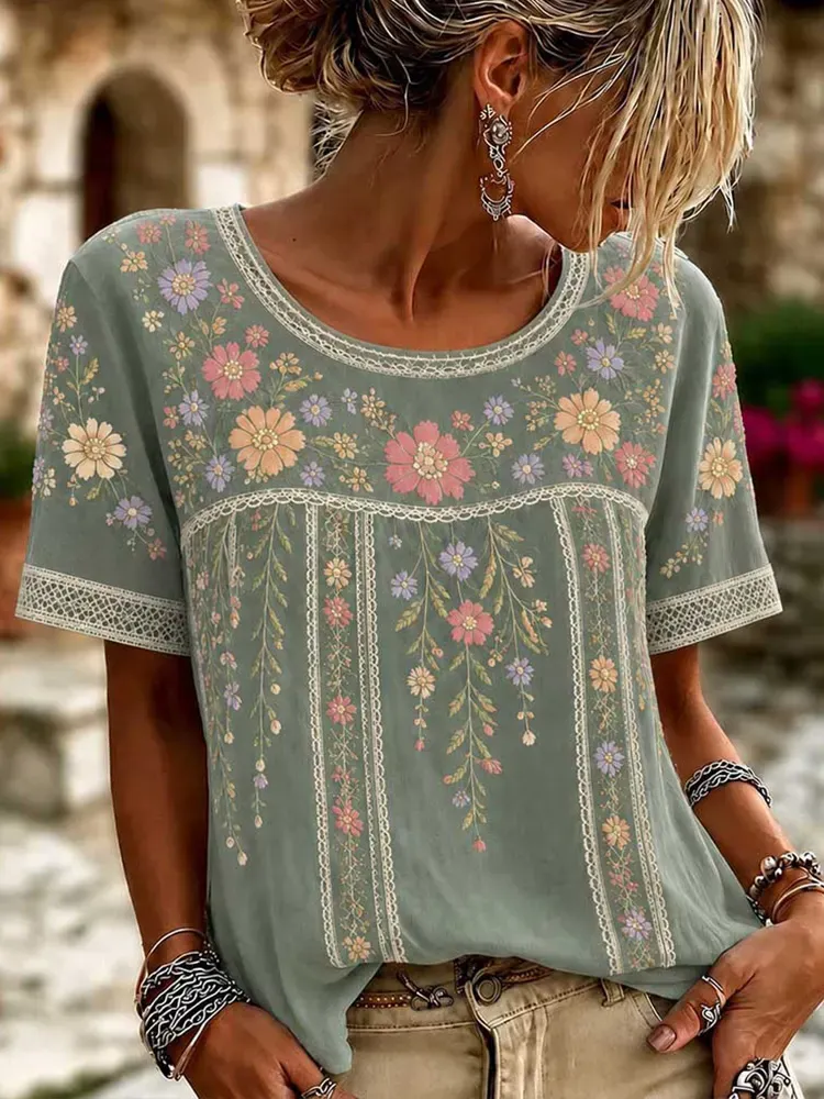 Vintage Colorful Floral Art Patchwork Comfortable Cotton And Linen Crew Neck Short Sleeve Top