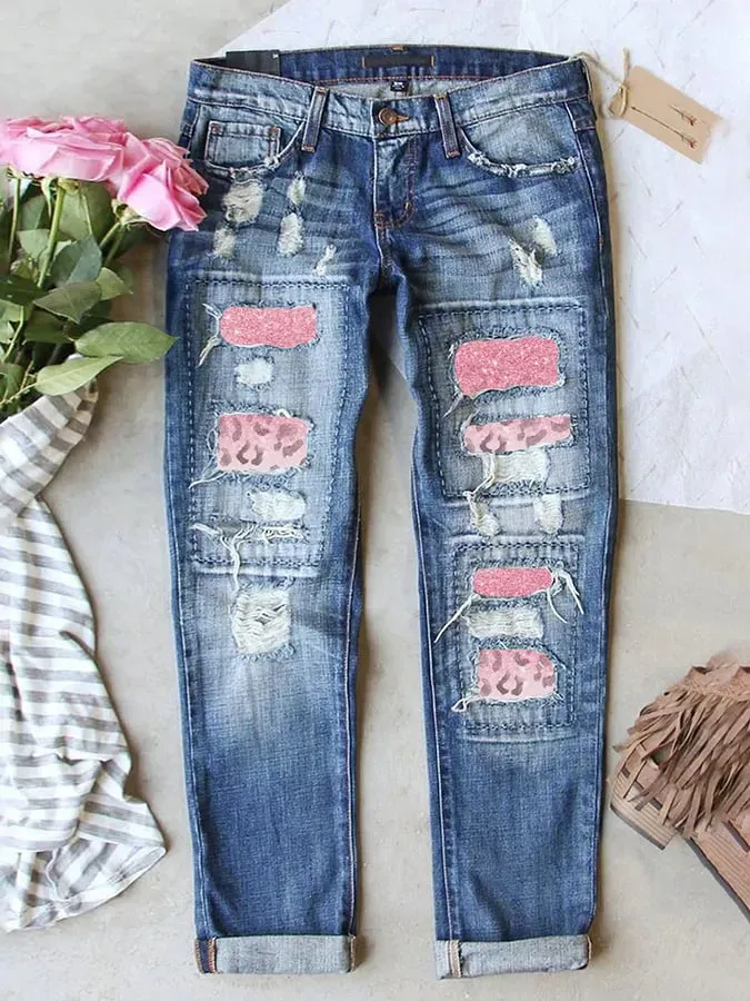 Women's Ombre Pink Leopard Print Print Straight Jeans