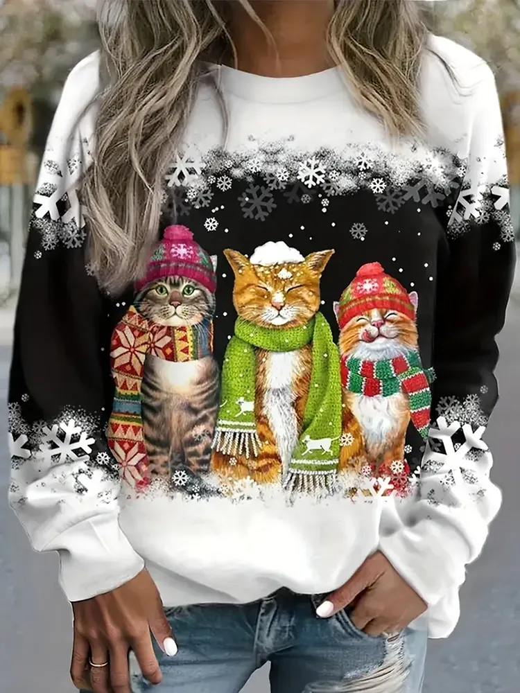 Women's Christmas Cat Print Colorful Christmas Sweatshirt
