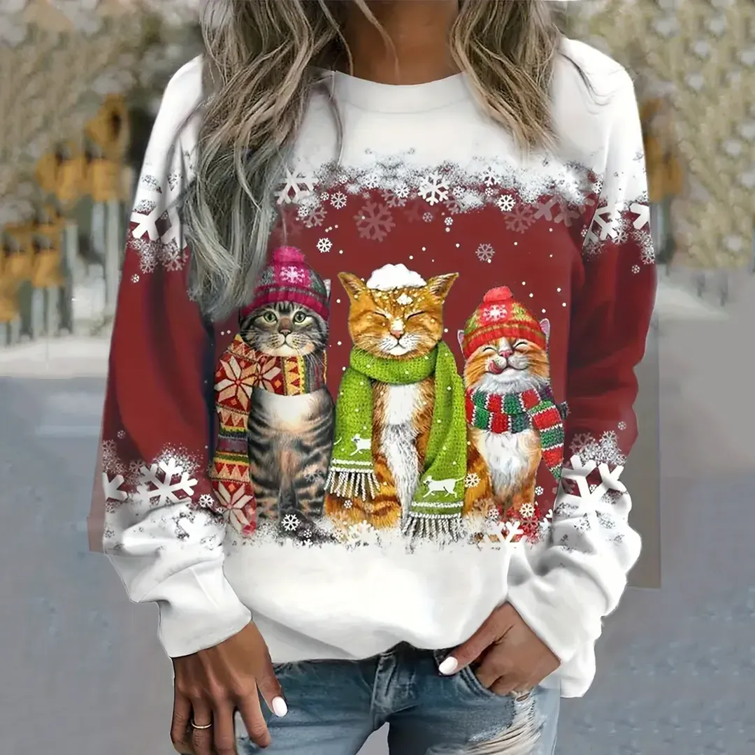 Women's Christmas Cat Print Colorful Christmas Sweatshirt