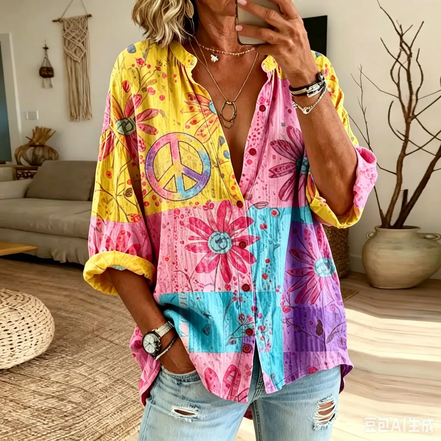 Women's Floral Hippie Vibes Art Print Flowy Linen Blend Linen Tops