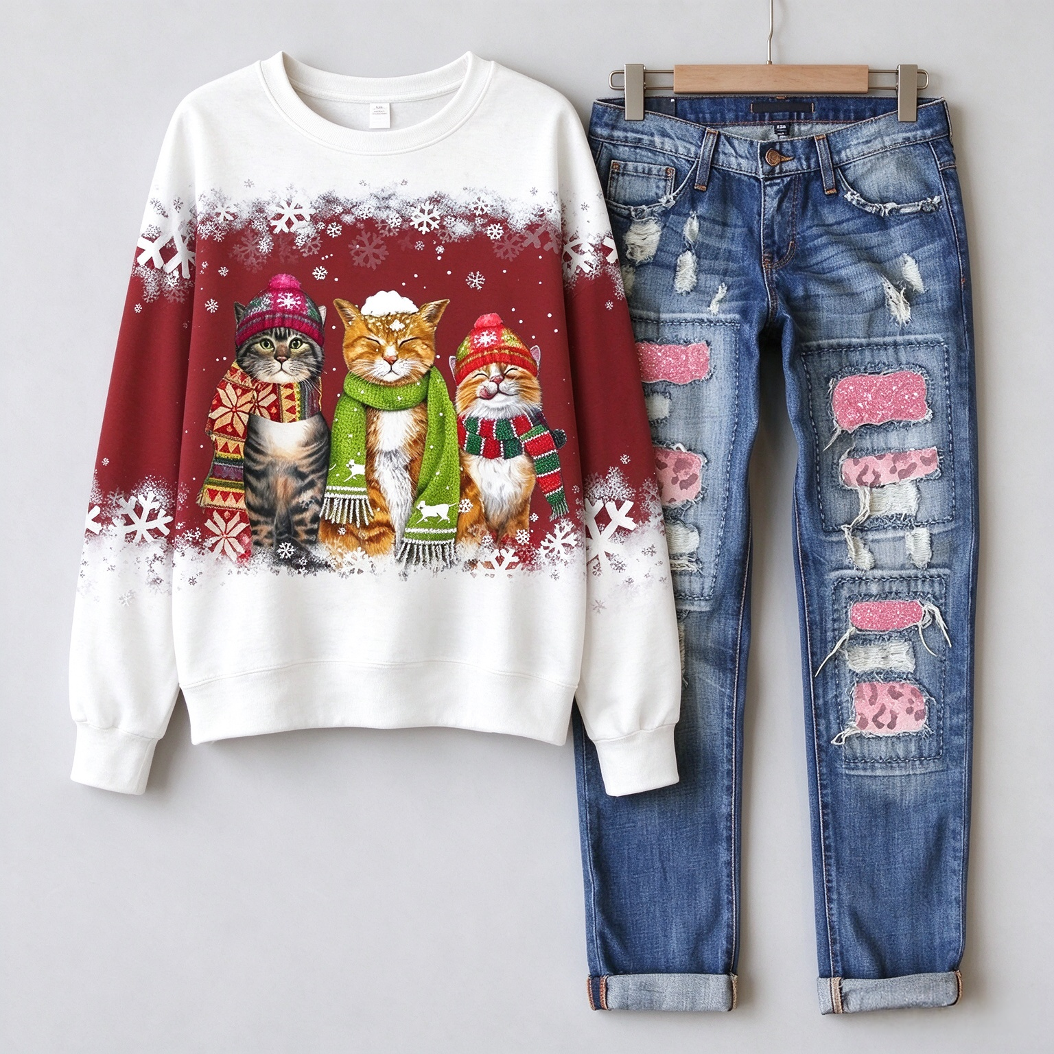 Women's Christmas Cat Print Colorful Christmas Sweatshirt