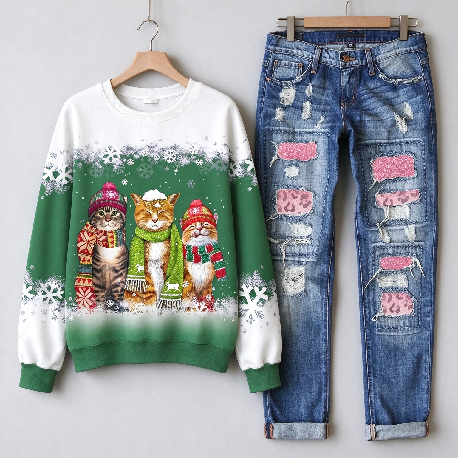 Women's Christmas Cat Print Colorful Christmas Sweatshirt