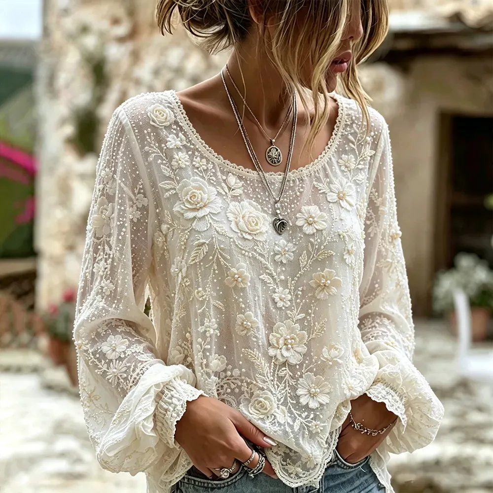   Women's White Floral And Rhinestone Art Casual Cotton-linen Blend Long-sleeve Crew Neck Top
