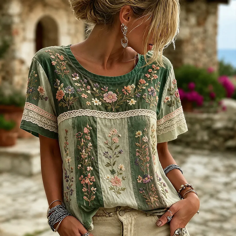 Vintage Floral And Lace Art Patchwork Cotton Linen Round Neck Short Sleeve Top