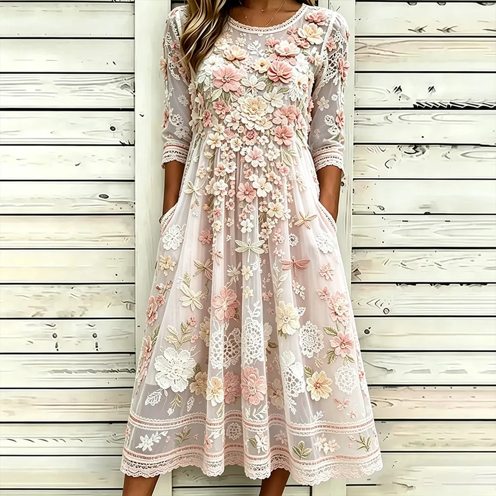 Women's Pink And White Dragonfly Lace Art Casual Round Neck Half-sleeve Dress