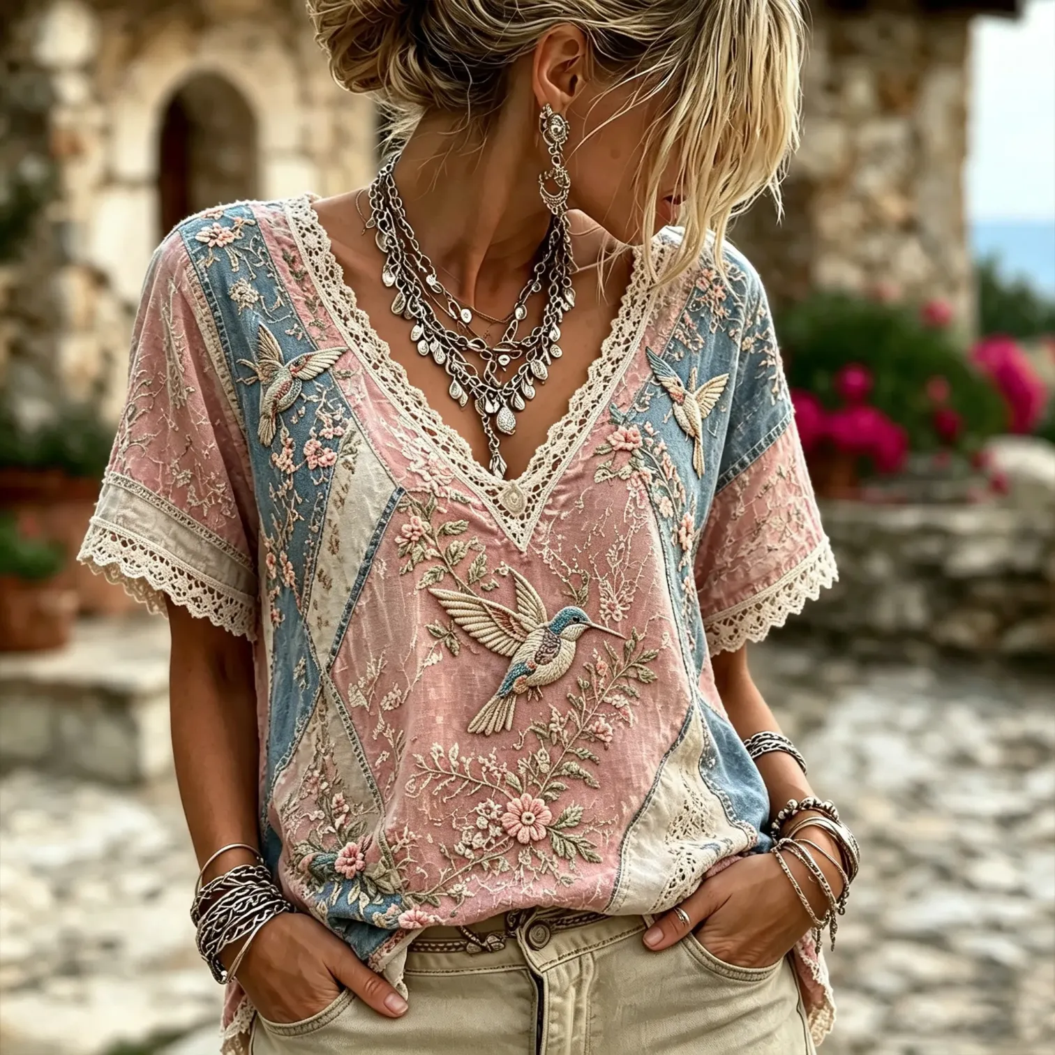 Vintage Boho Pink Blue Patchwork Hummingbird 3d Embroidery V Neck Blouse
