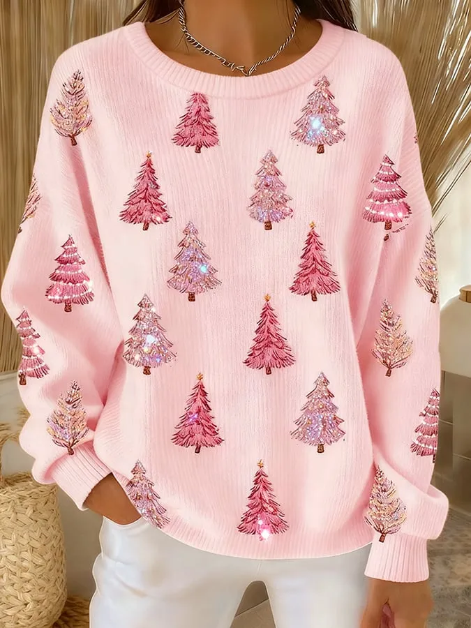 Women's Pink Christmas Tree Print Long-Sleeved Top