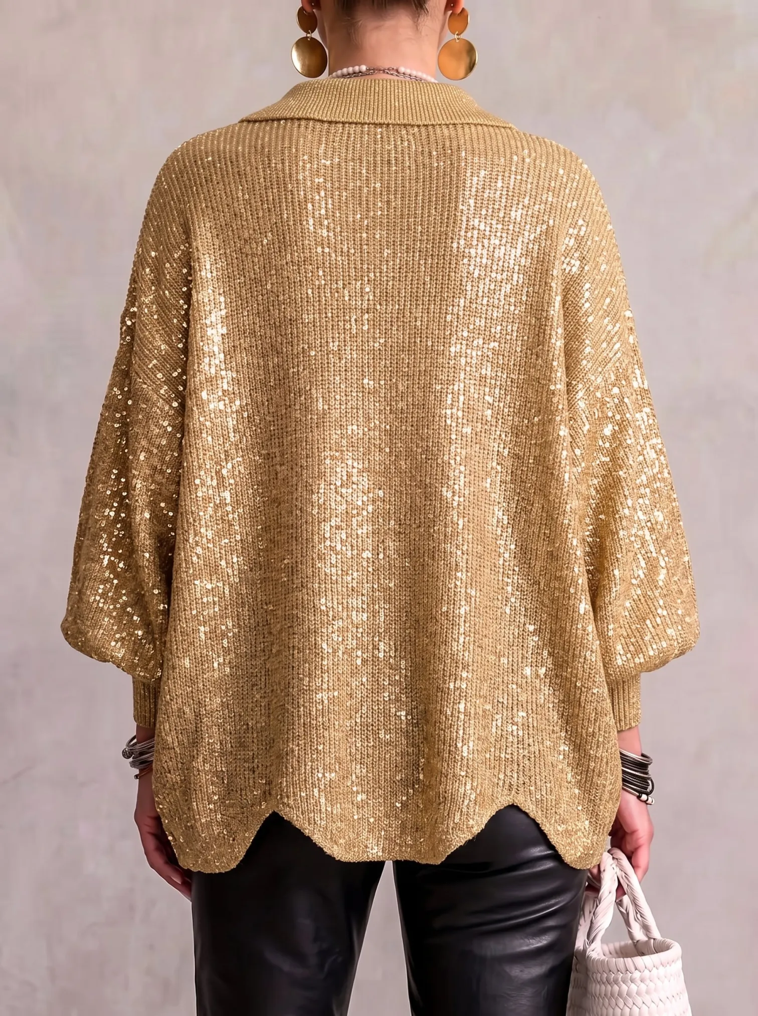 Oversized Collared Knit Cardigan With Large Metal Buttons