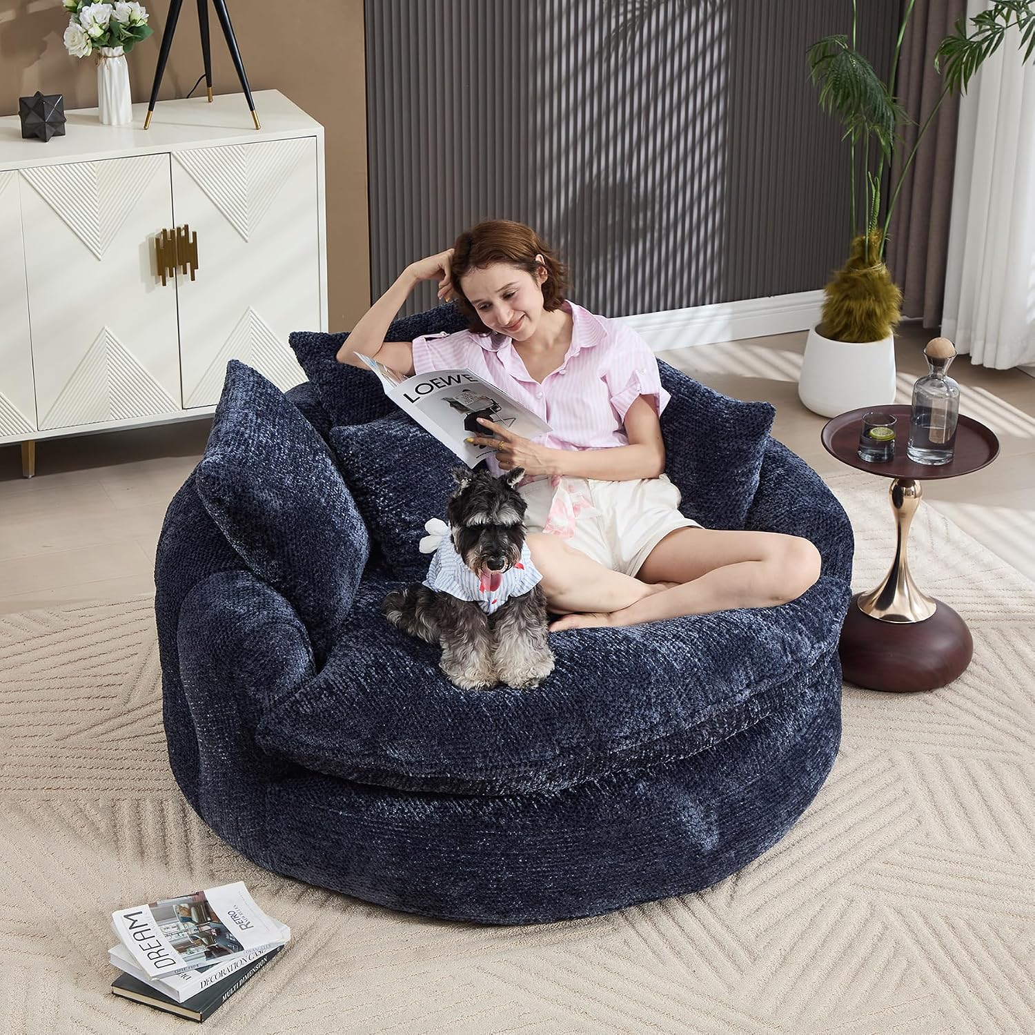 Oversized Fluffy Chenille Lounge Sofa - Extra Deep Seat Cozy Reading Circle Couch for Living Room | Indoor Lounge & Oversized Round Accent Design (Beige)