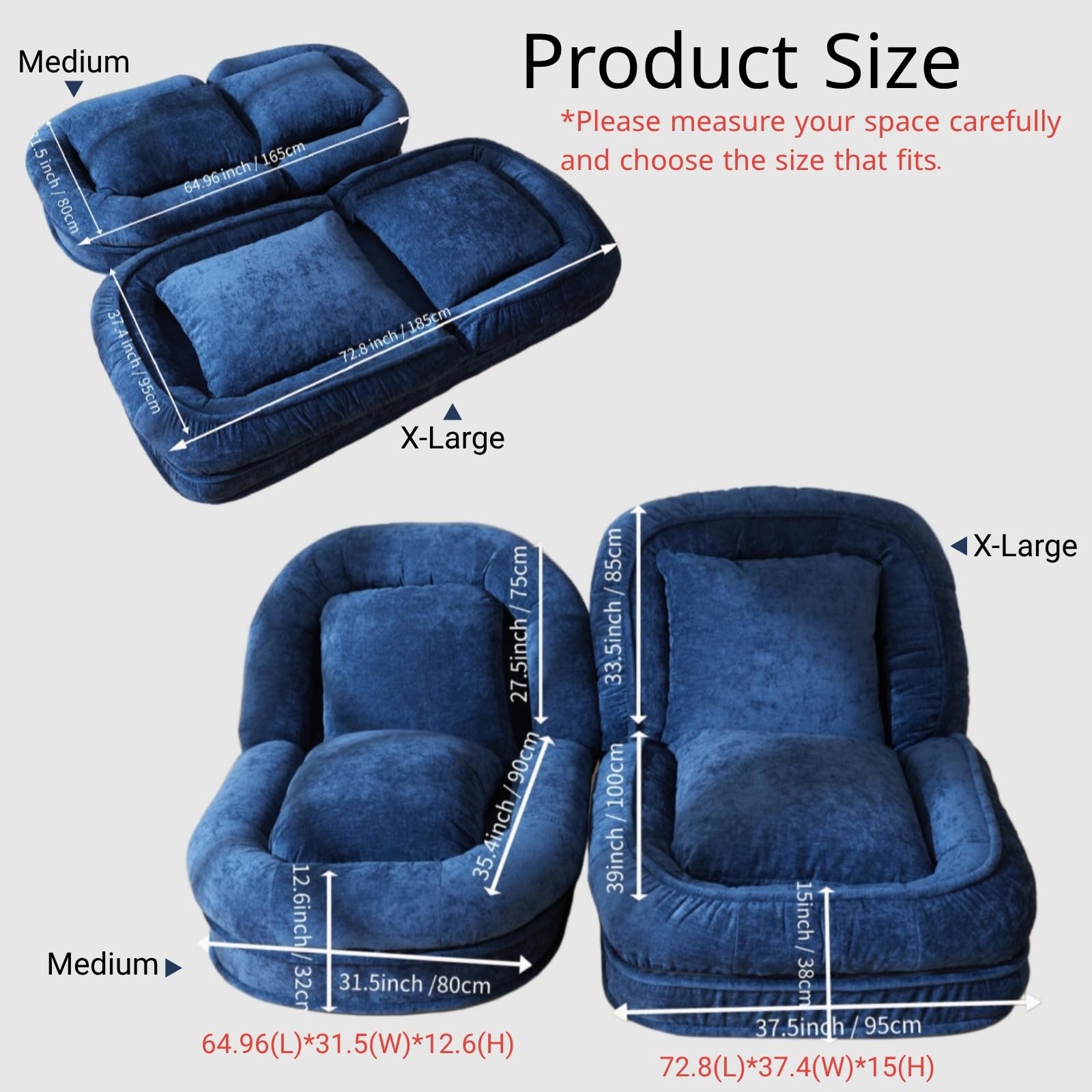 Foldable Lazy Sofa Bed Floor Chair - Adjustable Human Dog Bed for Adults Kids Floor Seats - Cozy Small Couch for Home Living Room(Blue)