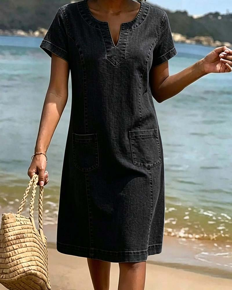 Relaxed Sheath Pocket Small V-Neck Dress