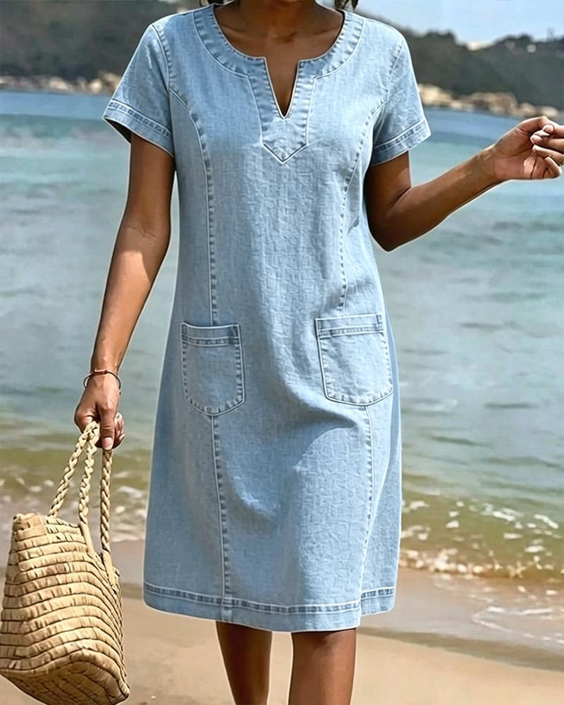 Relaxed Sheath Pocket Small V-Neck Dress