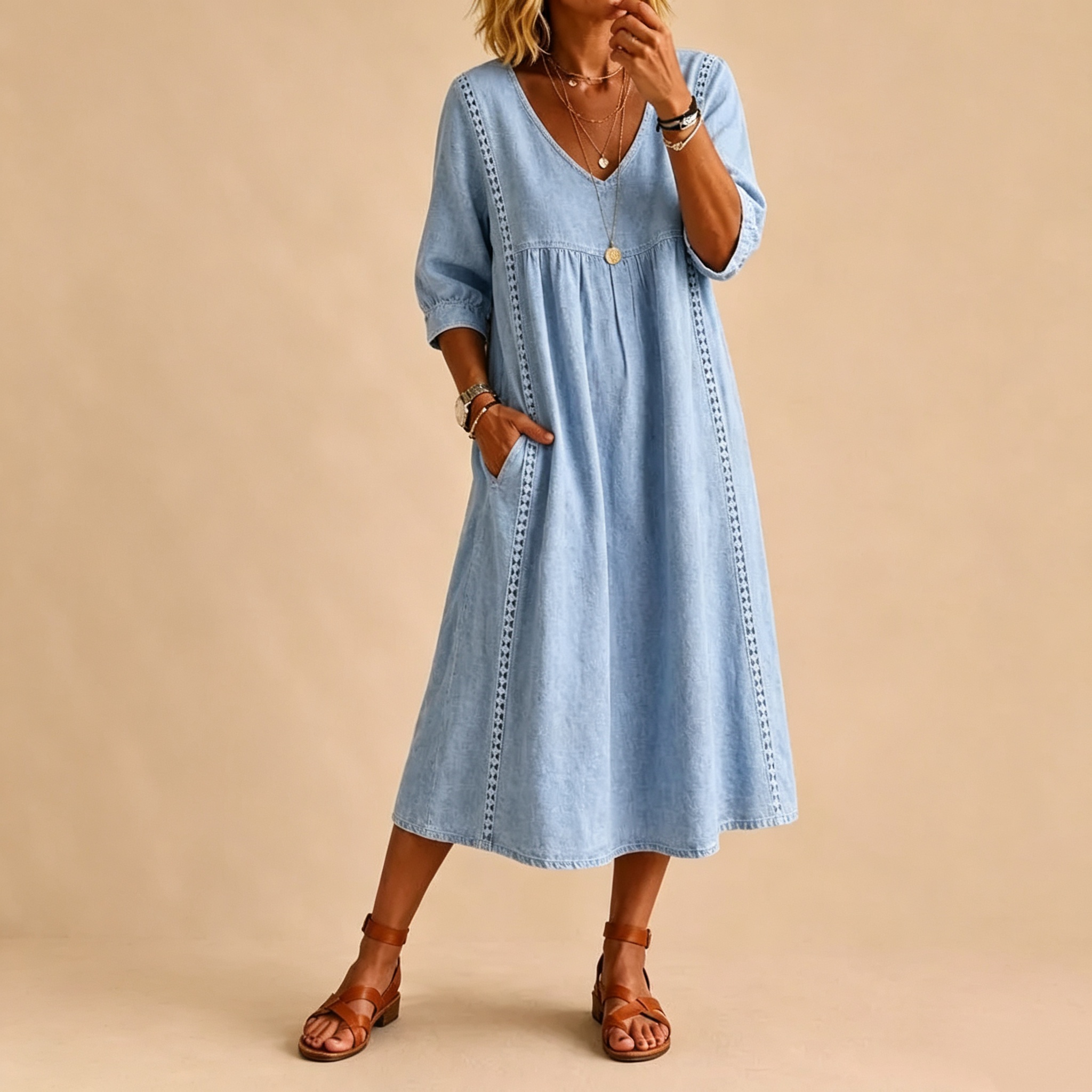 Cotton Linen Boho Dress, Women's Loose Fit Midi Dress, Everyday Casual Summer Wear
