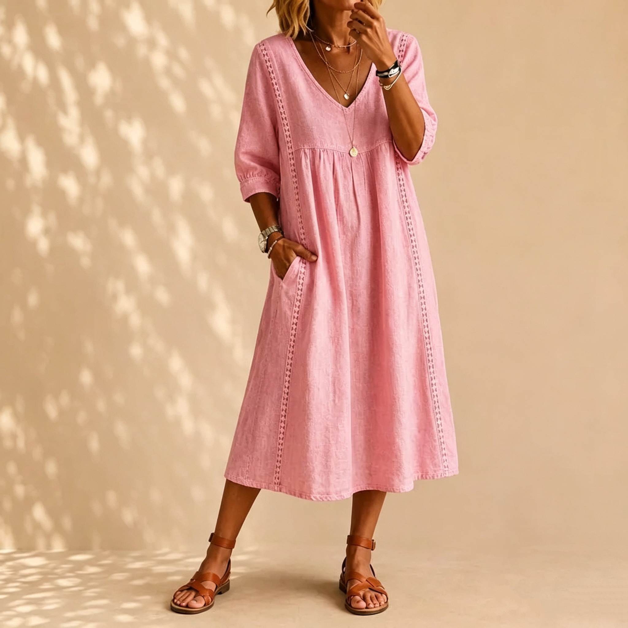 Cotton Linen Boho Dress, Women's Loose Fit Midi Dress, Everyday Casual Summer Wear