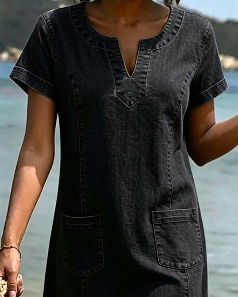 Relaxed Sheath Pocket Small V-Neck Dress