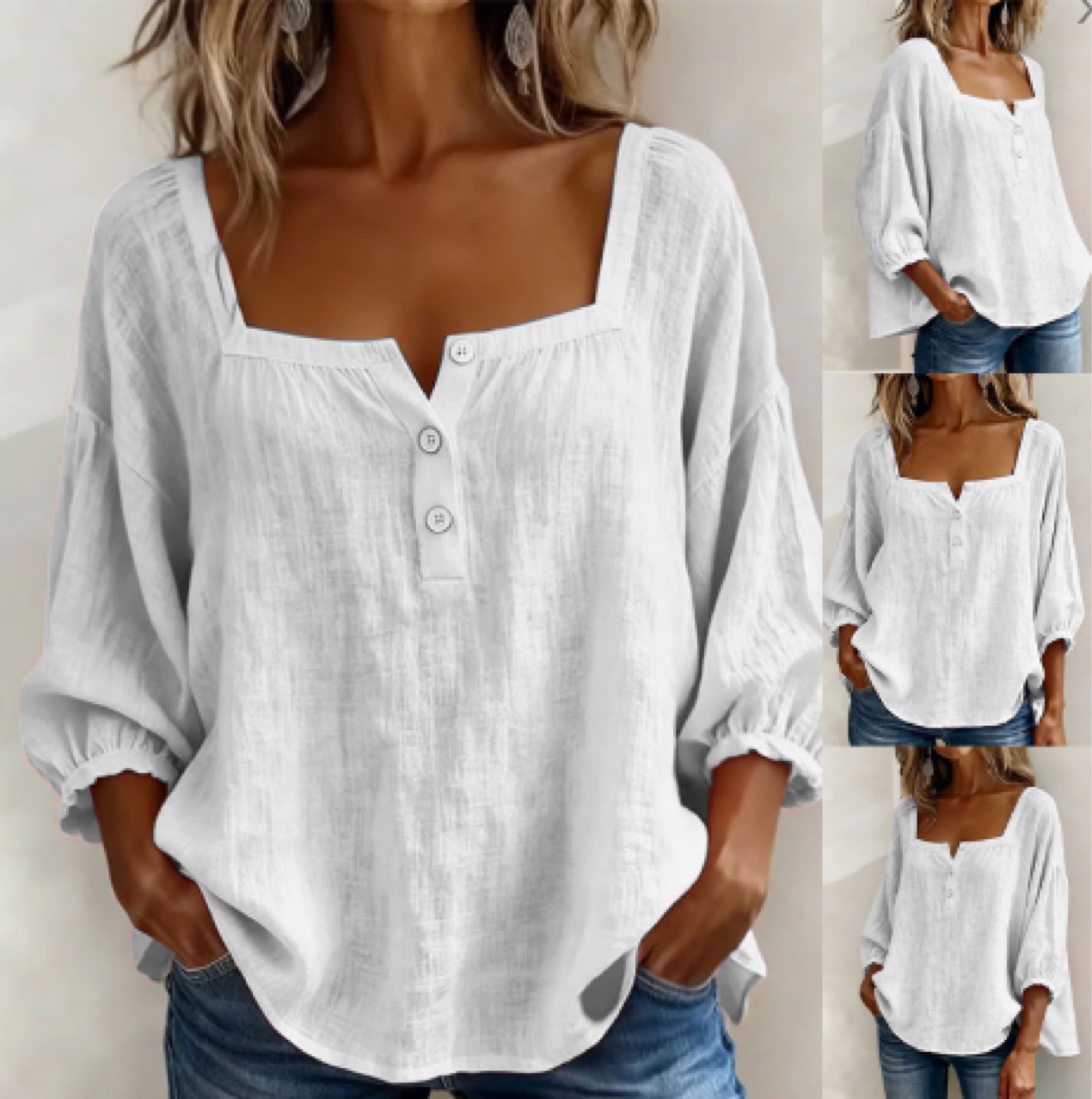🌸Pink Square-Neck Half-Button Shirt