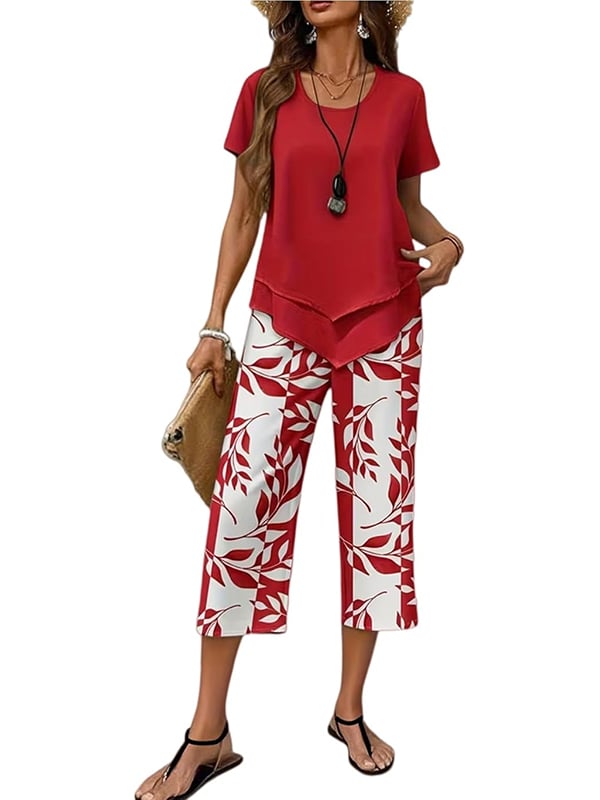 Women's Casual Two-Piece Set: Printed Cropped Pants, Stylish Top, Fashionable Loungewear Set, Summer Outfit, Relaxed Fit, Breathable & Comfortable