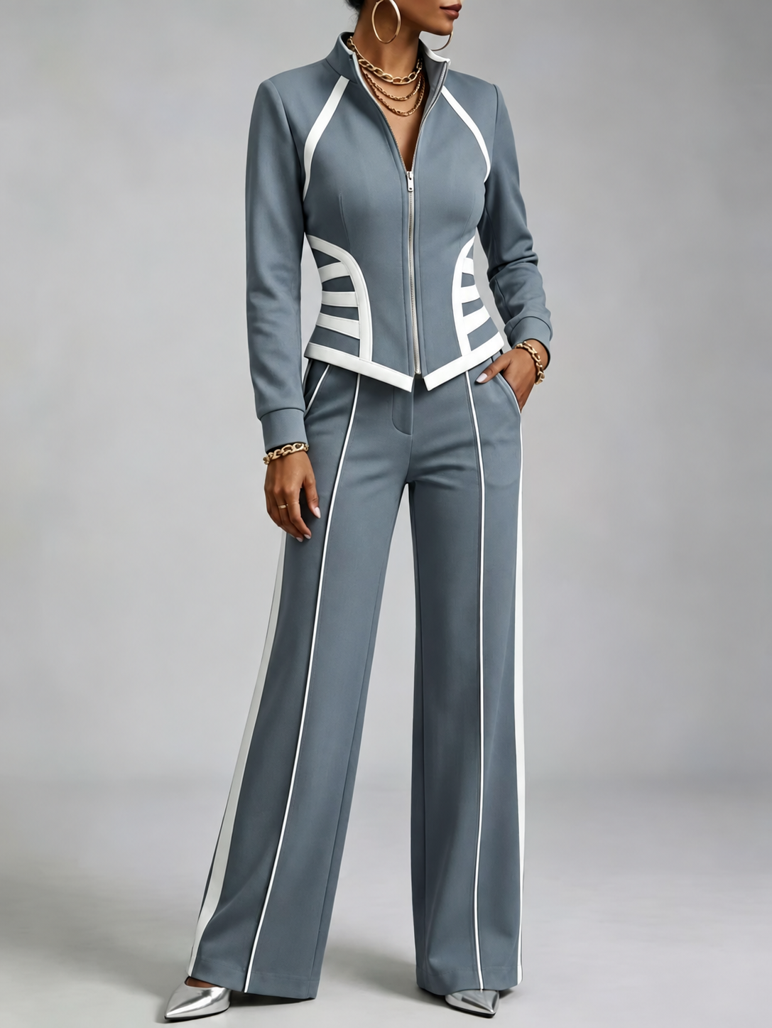 🤲LAST DAY SAVE 49% ⏰Cozy And Casual Two-piece Set Featuring A Slim-fit, Stretchy Zip-up Sweatshirt And Pants With Black Webbing Trim.