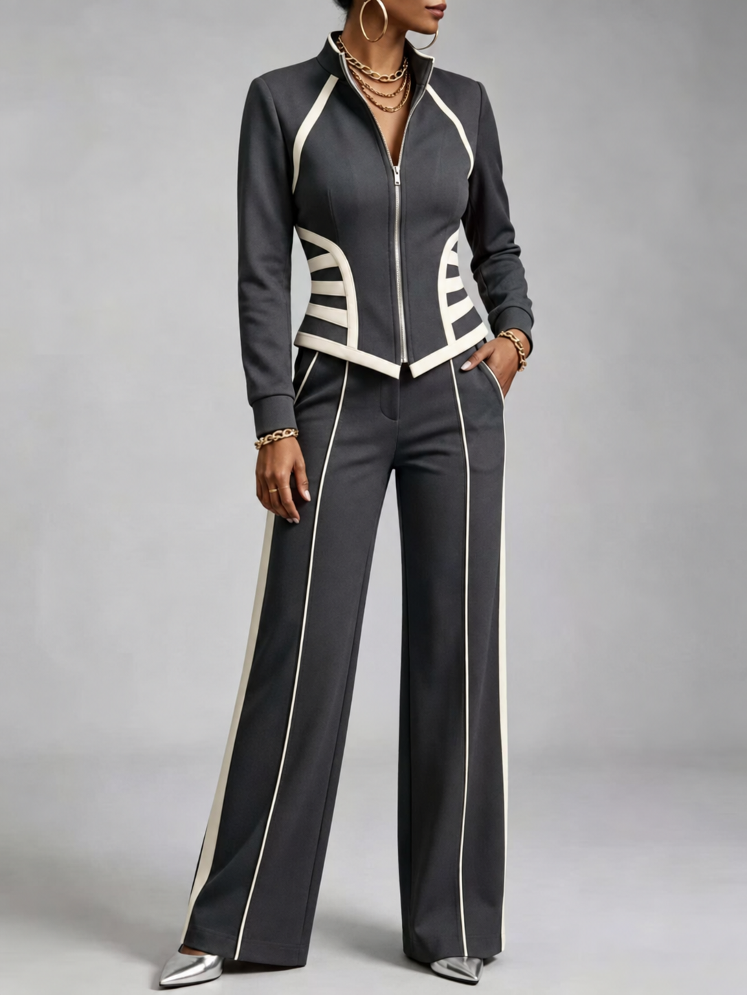 🤲LAST DAY SAVE 49% ⏰Cozy And Casual Two-piece Set Featuring A Slim-fit, Stretchy Zip-up Sweatshirt And Pants With Black Webbing Trim.
