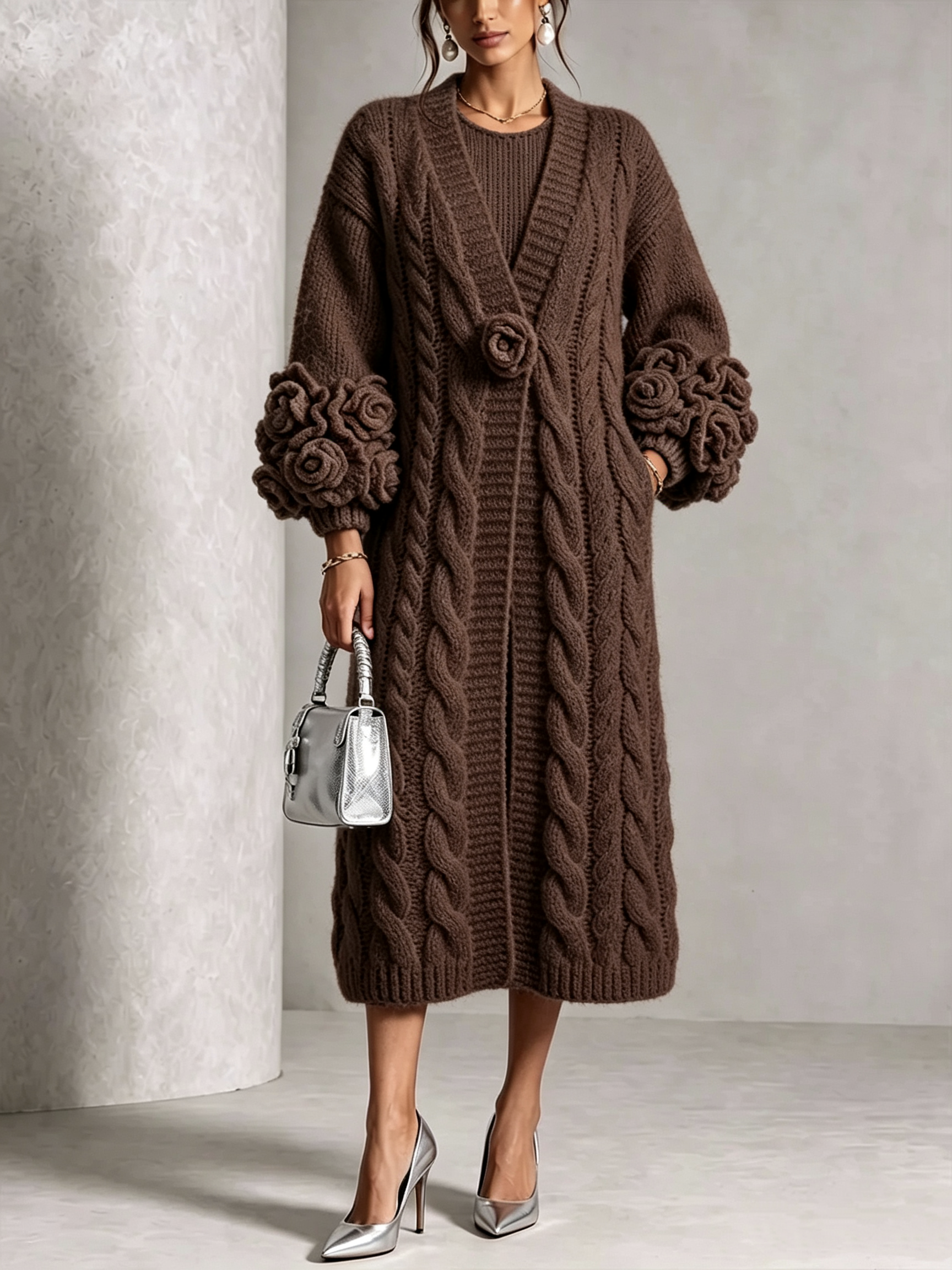 🤲LAST DAY SAVE 49% ⏰Chic Cream Floral Accented Cable-Knit Cardigan
