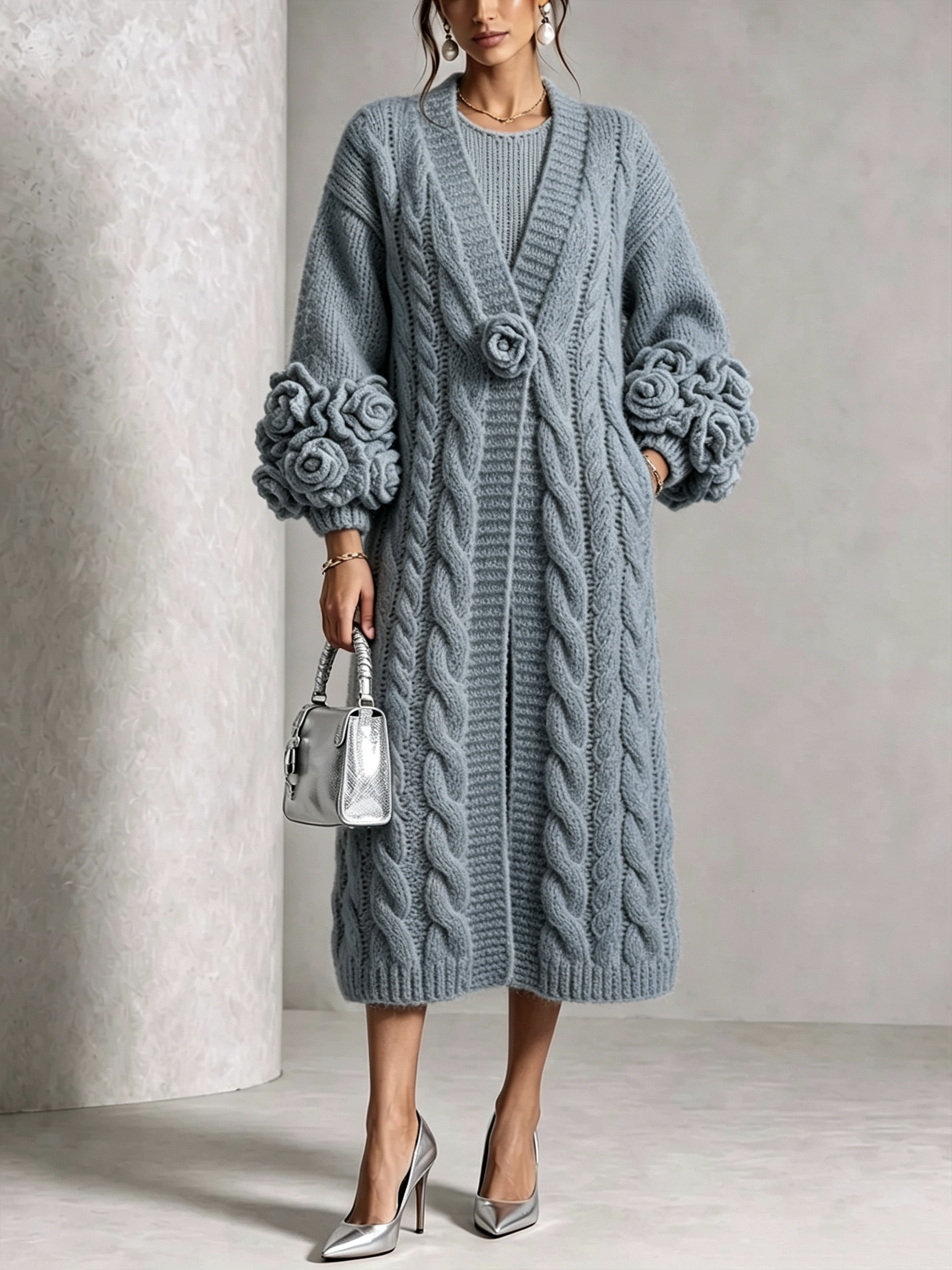 🤲LAST DAY SAVE 49% ⏰Chic Cream Floral Accented Cable-Knit Cardigan